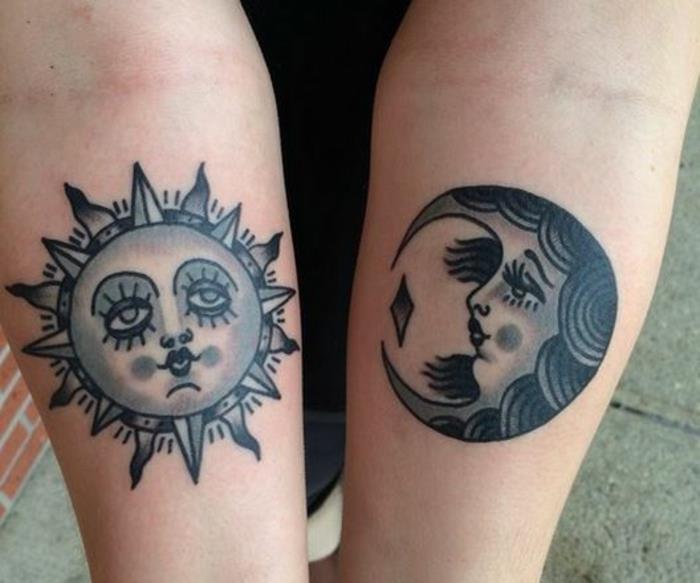 saulės tatuiruotė, juodos saulės ir mėnulio tatuiruotės kaip žmogaus veidai