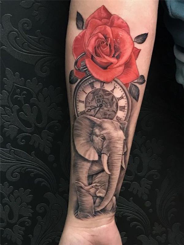 tetovaža slona, ​​starinska ura in rdeča vrtnica, predlog tetovaže za staro šolo