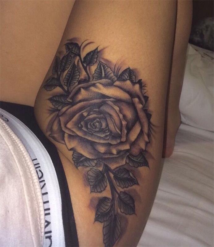 tatoo stegno ženska rose tetovaža zgornja noga