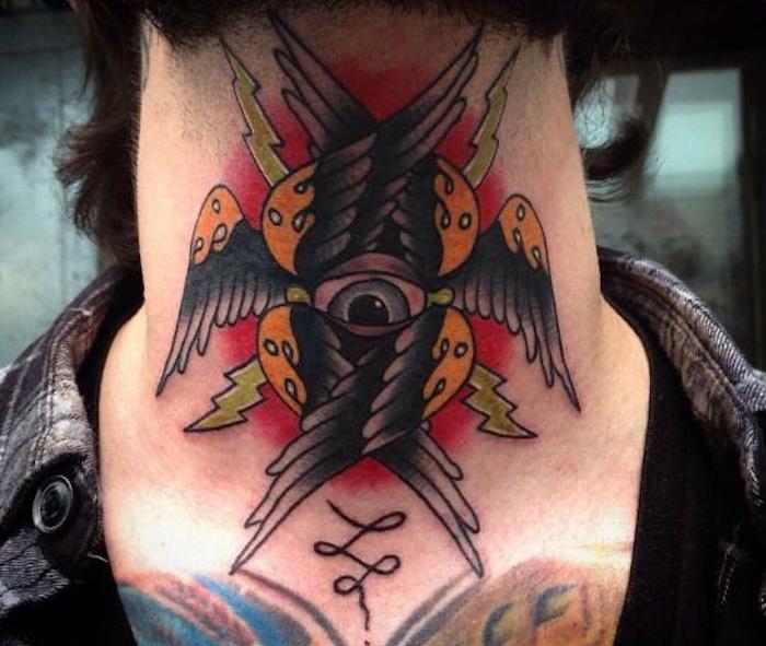 gerklės tatuiruotės idėja vyrams su sparnais ir akių tatuiruote ant kaklo