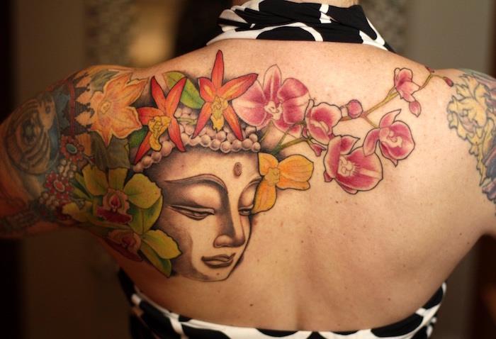 budistinė Budos galvos tatuiruotė ant nugaros