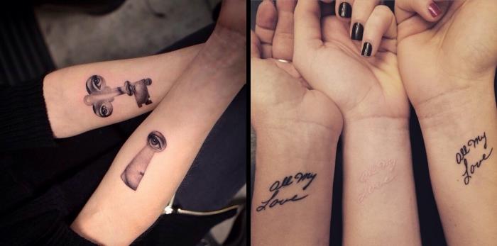 maža tatuiruotė, rašalo kūno piešinys ant riešų, merginų tatuiruotė su įkvepiančiais žodžiais, simbolinė tatuiruotė su moterišku veidu ir raktu