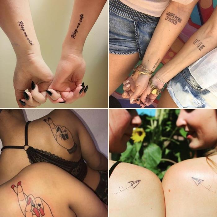 moters tatuiruotė, mažos skraidančios strėlės rašalu ant pečių, džinsiniai šortai ir rožiniai bei balti marškinėliai, auksinės metalinės apyrankės mergaitėms