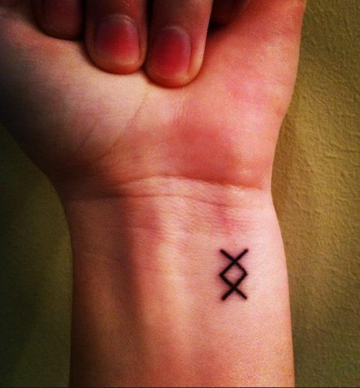 Graži vikingų rankos tatuiruotė miniatiūrinė tatuiruotė ant riešo