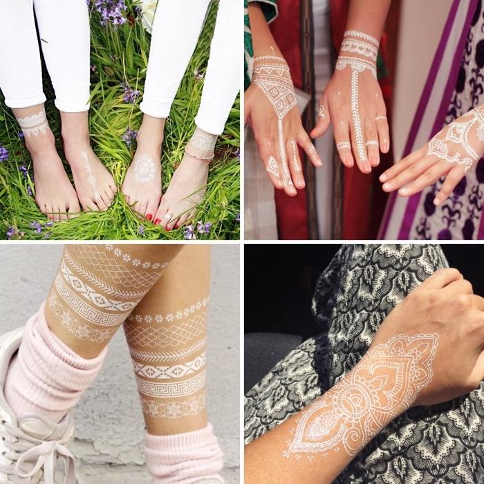 papuošalų efekto chna nuotrauka rankoms ir kojoms, laikinos tatuiruotės pavyzdys su baltais mandalos raštais ant rankos