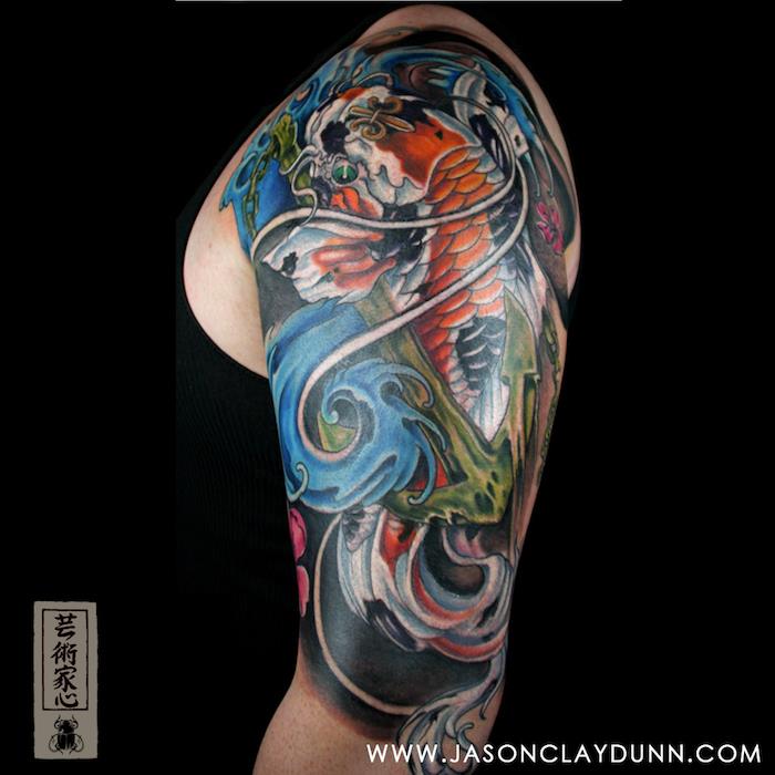 koi karpio tatuiruotės tatuiruotė ant pečių ir rankovių japoniškos tatuiruotės vyrams