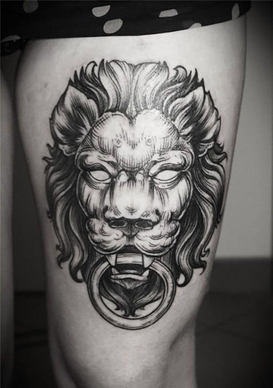 Graikų skulptūros stiliaus liūto galvos šlaunies tatuiruotė