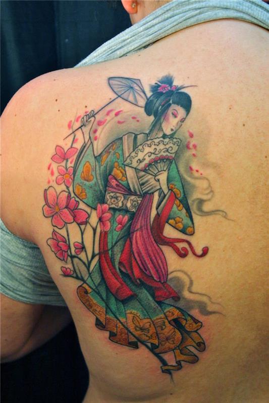 Japonska tetovaža gejše na hrbtu za moške Japonska cvetlična tetovaža