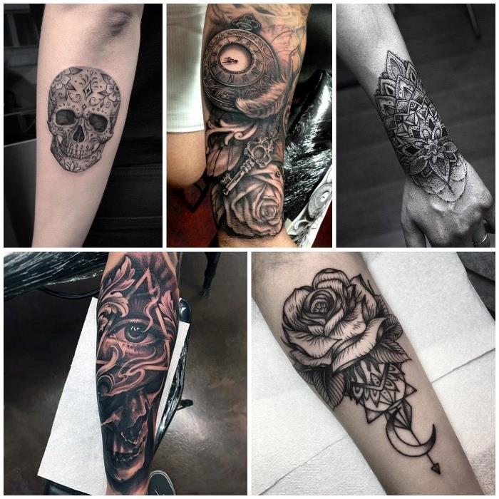 „Old school braccio“ tatuiruotė su teschi, fiori ir motyvų mandala