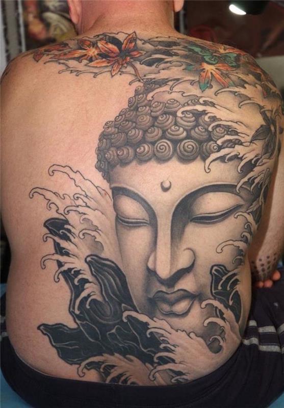 Budos tatuiruotė ant nugaros japoniško irezumi stiliaus