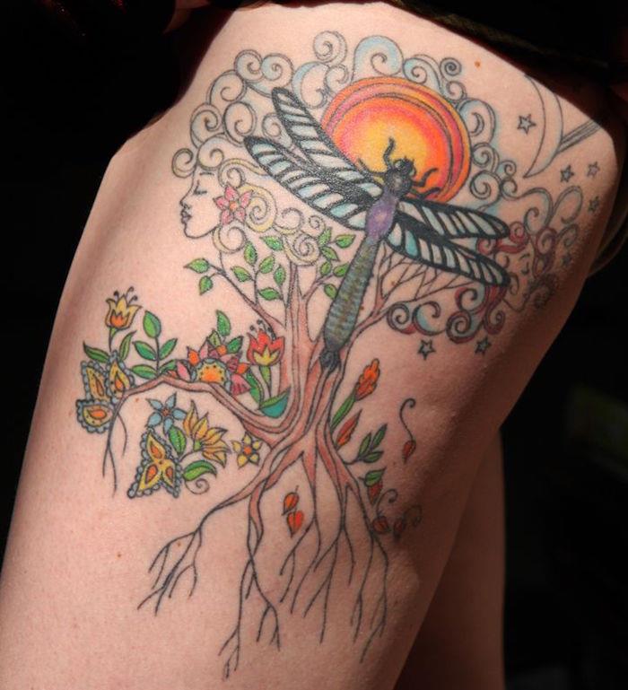 Tatuiruotė už šlaunies gamtos laumžirgio spalvos