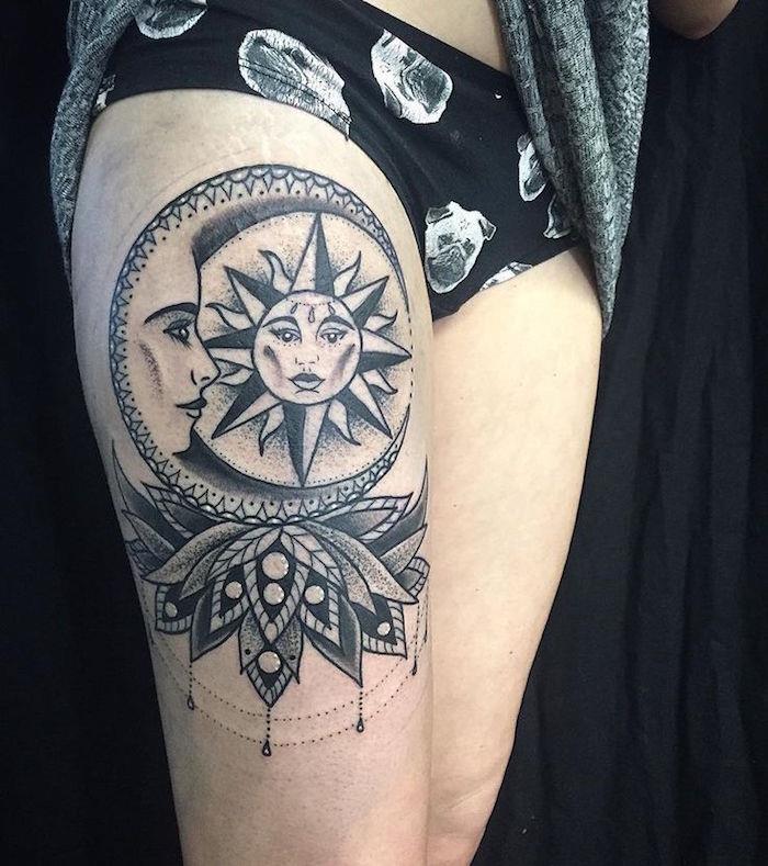 moters šlaunies tatuiruotės mėnulio ir saulės tatuiruotės lotoso gėlė ant kojos