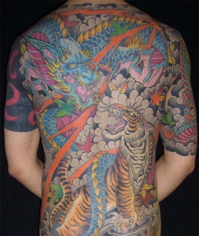 Genties drakono tatuiruotė spalvomis, japoniška visos nugaros tatuiruotė