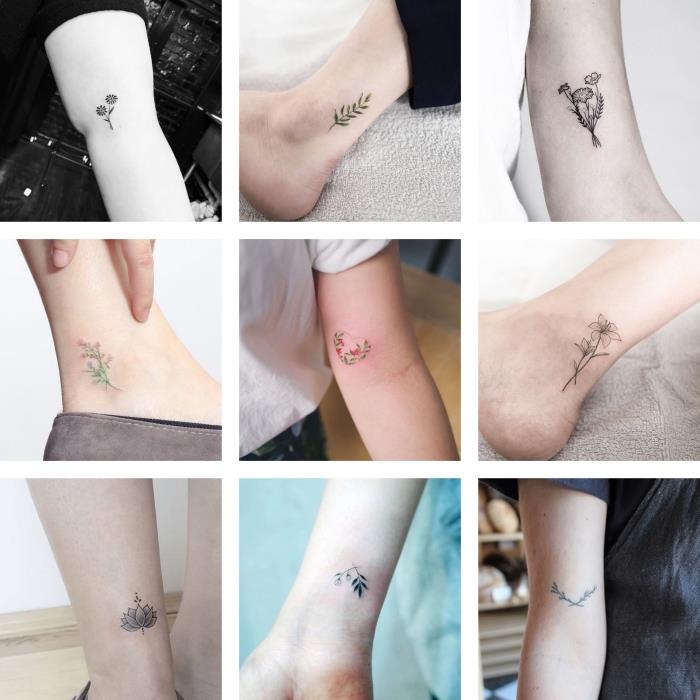 nuotraukų koliažas, gėlių tatuiruotės, nedidelė tatuiruotė, kulkšnies ir dilbio tatuiruotės