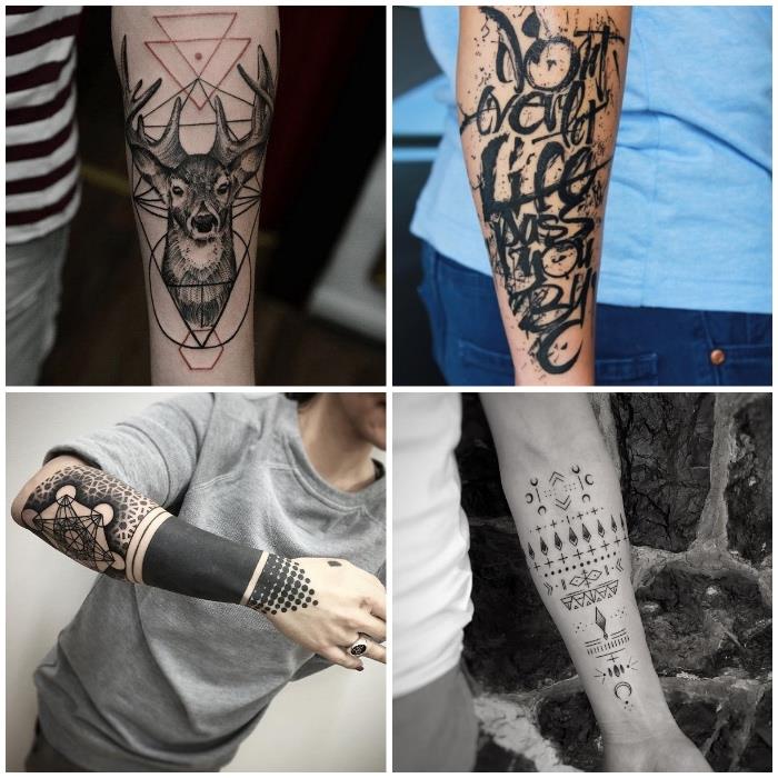 Idea tatuaggio uomo con quattro tatuiruotė su raštu, geometrija ir gyvūnų forma