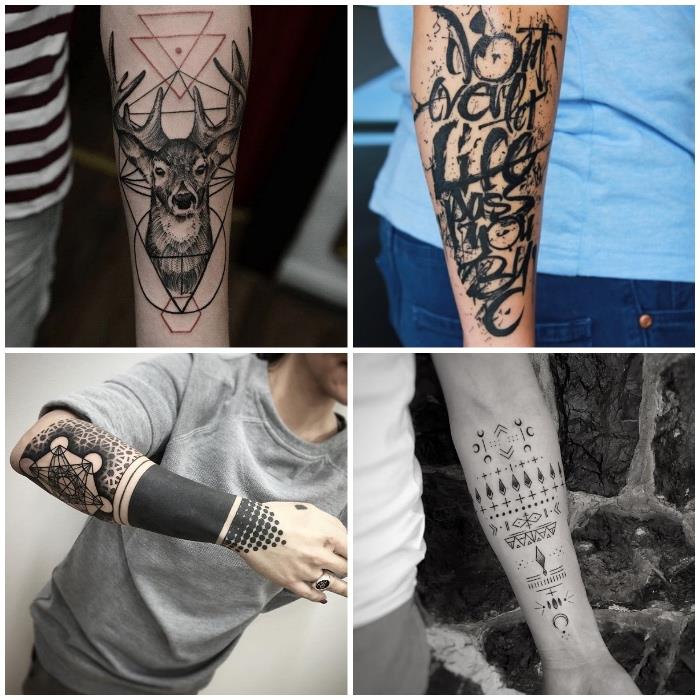 Idee tatuaggio uomo con quattro tatto di con scritte, geometrik şekiller ve hayvanlar