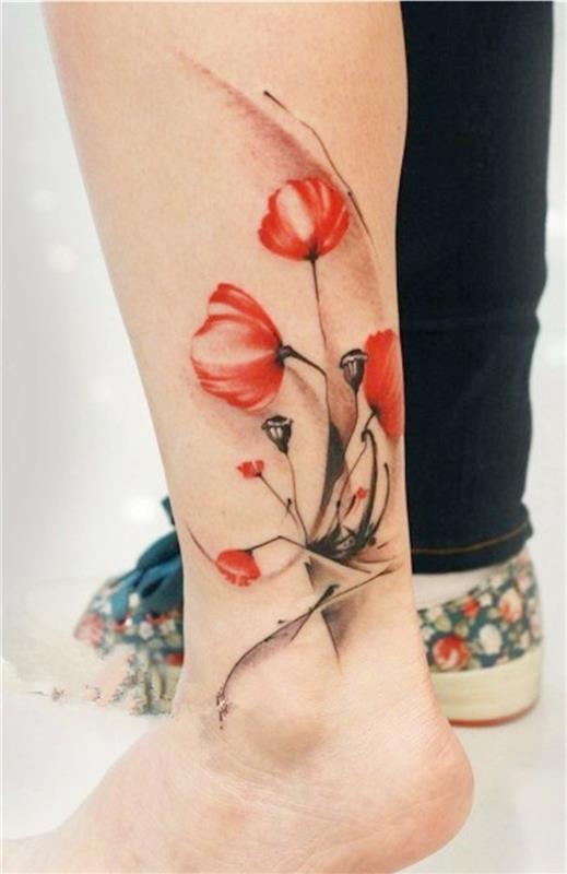 tatuaggio-caviglia-papaveri-rossi-sfumature-bianche-foglie-stilizzate