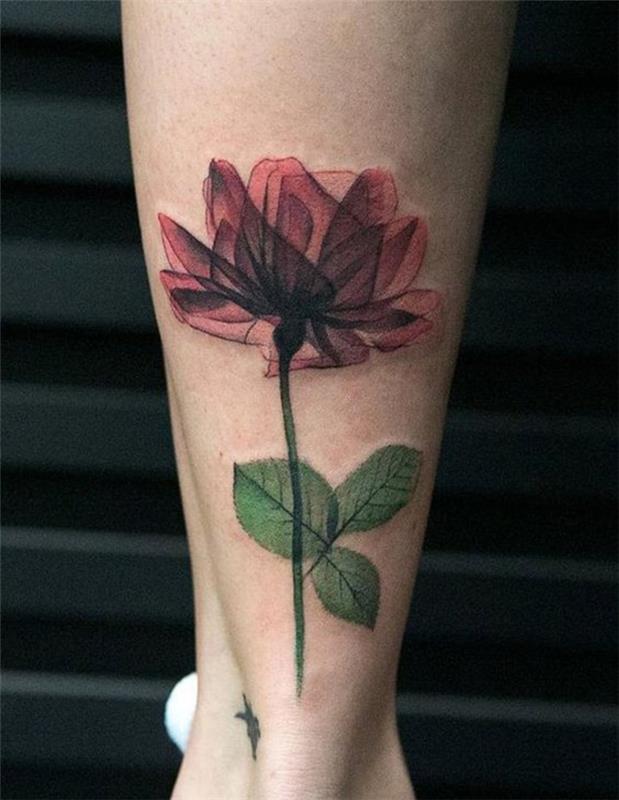 tatuaggio-fiore-peonia-rossa-foglie-verdi-parte-posteriore-polpaccio