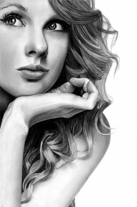 Ritratto di Taylor Swift, bir matita di una ragazza, capelli ricci