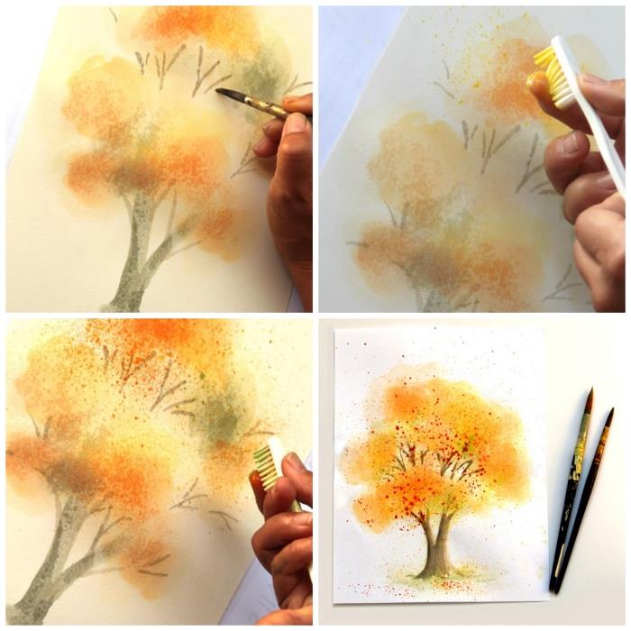 vodnik po akvarelu za slikanje lepega jesenskega drevesa, slikarska tehnika za ustvarjanje akvarelnih brizg