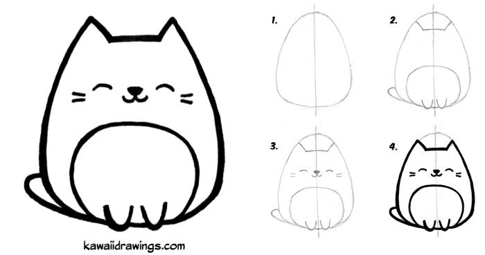 idėja padaryti mielą katės piešinį, paprasta pamoka su orientacinėmis linijomis, kaip piešti kawaii katę pieštuku