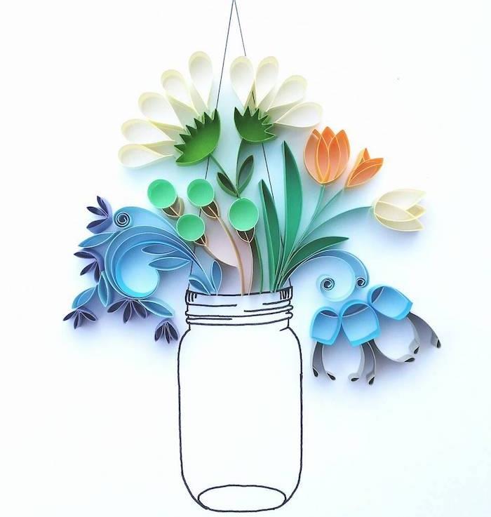 kendin yap kağıt çiçek, quilling veya paperolles tekniği kullanılarak yapılmış birkaç çiçek, bir kağıda çizilmiş vazoda buket