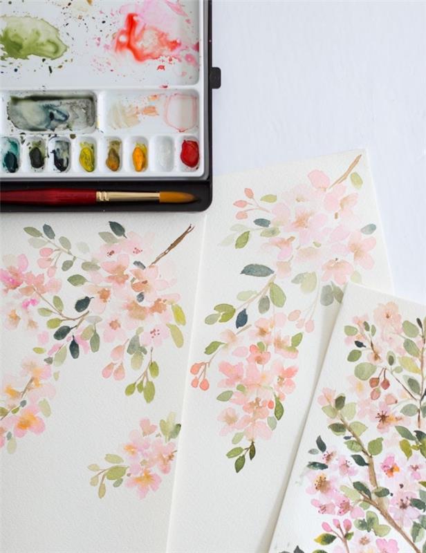 cvetoče veje v akvarelu v mehkih odtenkih, akvarelno slikanje cvetlični aranžma