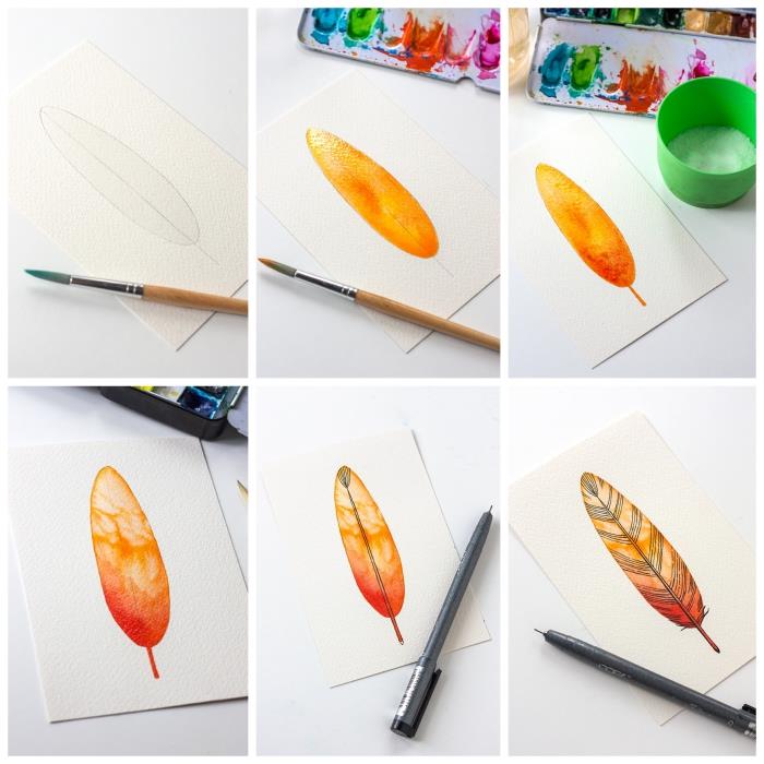 tehnika akvarela za barvanje oranžnega peresa s črnimi detajli, narejenimi s flomastrom s finim vrhom