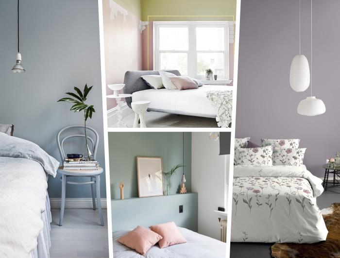 dekor glavne spalnice v pastelnih barvah, postavitev spalnice s pastelno zelenimi in belimi stenami s pastelno roza dodatki