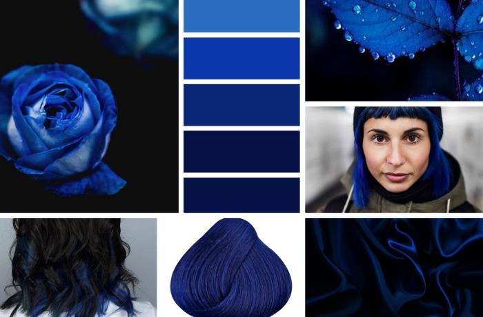 tamsiai mėlynos spalvos dažų idėja pakeisti plaukų spalvą, juoda ombre plaukų šukuosena su mėlynomis sruogomis