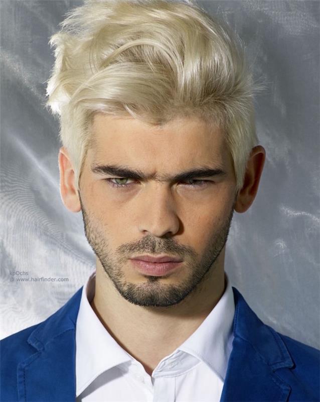 dabartinės vyriškos šukuosenos pavyzdys su dažytais platinos blondais