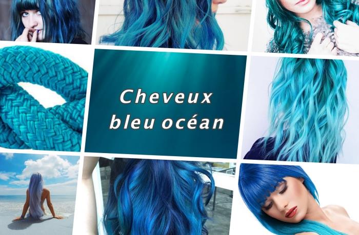 pasirinkite madingą plaukų spalvą, vandenyno mėlynos spalvos plaukų šukuoseną su šviesiai arba tamsiai mėlyna turkio spalva