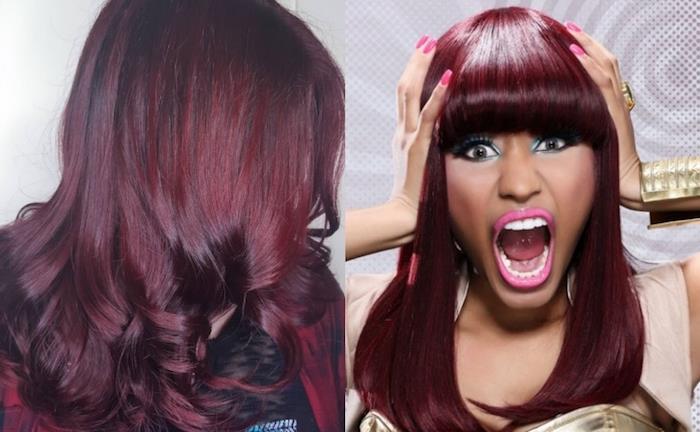 kızıl saç rengi, bordo gömlek kadın, uçlarda kıvırcık saç, turkuaz göz kalemi, nicki minaj