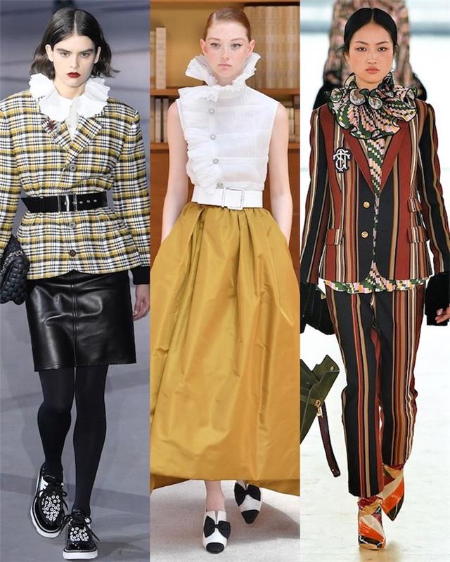 Üç seçenekli kış kıyafeti 2020, kadınlar için klas kıyafet, 2019 gündelik görünüm için en iyi trendler, sarı orta boy etek