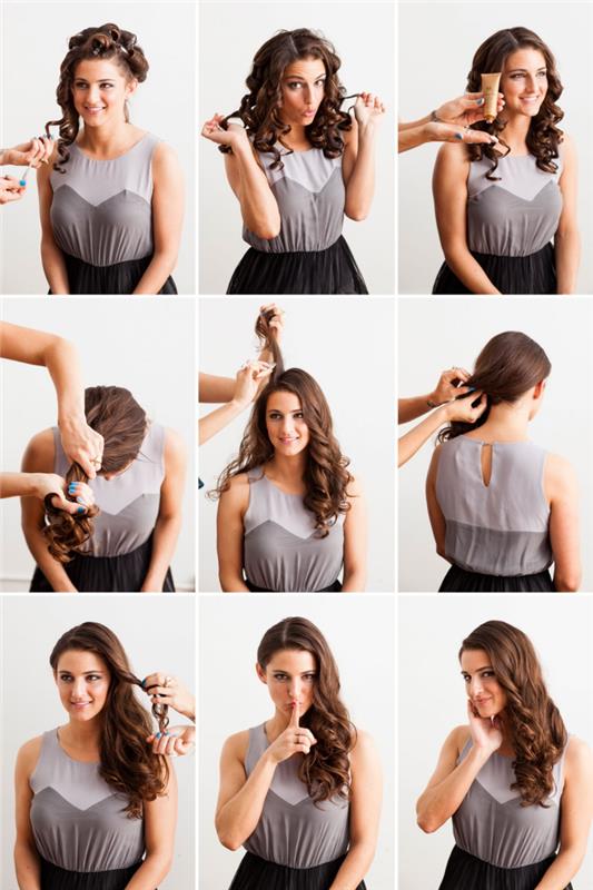 saç modeli modeli, saçı kıvırma ve sabitleme spreyi kullanarak yana sabitleme adımları