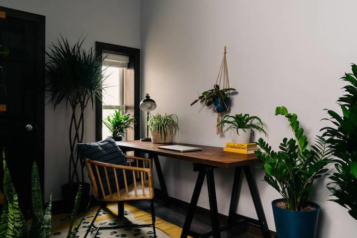 deco trend 2021 büyük yeşil bitkiler ve bambu sandalyeli bir ev çalışma masası