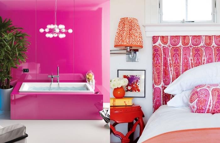 dekor za spalnico, vzglavje z etničnimi vzorci v roza in beli barvi, oranžna vaza z belimi cvetovi