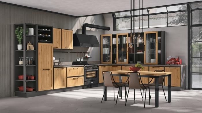 modern ve modaya uygun bir mutfakta hangi renkleri ilişkilendirmeli, ahşap ve antrasit gri mobilyalarla L şeklinde bir mutfak örneği