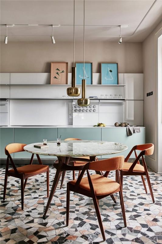 taupe gölge duvar boyası ile modern hazır mutfak modeli, yuvarlak masa ile donatılmış yemek alanı ile mutfak dekoru