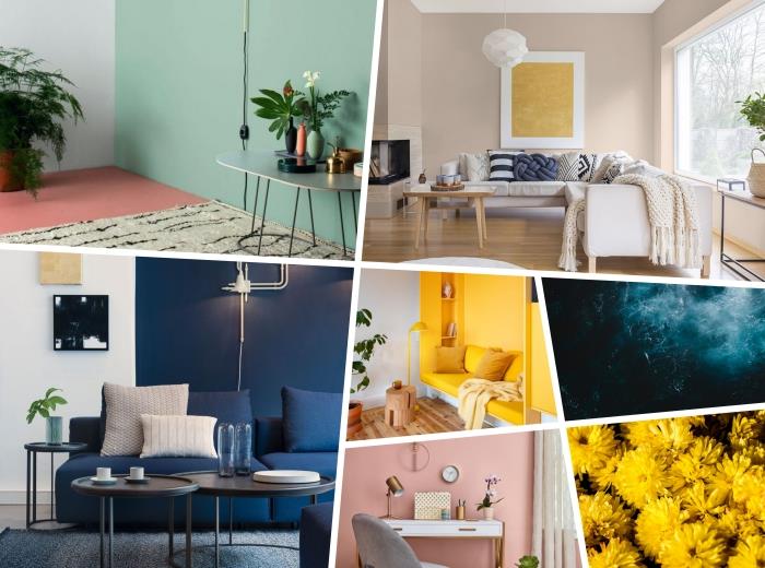 Bir oturma odası için 2020 renk trendi fikri, ahşap ve beyaz mobilyalarla döşenmiş bej oda tasarımı ve renkli vurgulu dekor