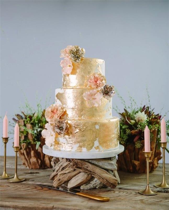 Kaip papuošti vestuvinį tortą, gražiausią vestuvių tortą pasaulyje, romantišką tortą su gėlių dekoravimu ir auksiniais akcentais ant dreifuojančios medienos