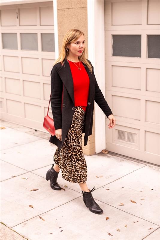 trendovski vzorci 2019 2020, jesenski modni odtisi, primer, kako nositi krilo z rdečim puloverjem