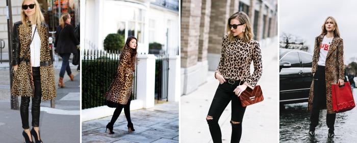 Trendy Fashion Women Juodos liesos kelnės Leopardo marškinėliai Ilgas gyvūnų spausdinimo paltas