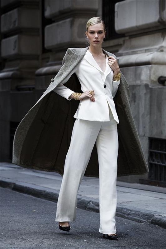 elegantna in vsestranska ženska obleka v vgrajenem blazerju in tekočih hlačah, idealna za delovno ali koktajl obleko