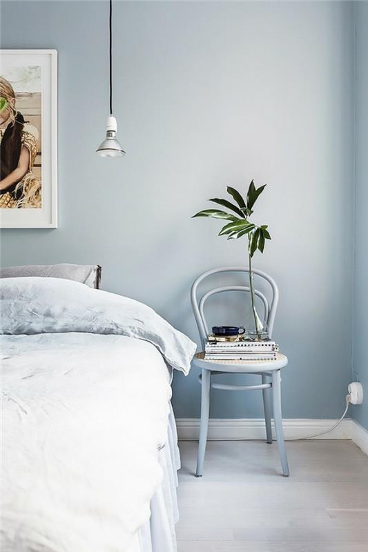 tek renkli mavi gri yatak odası, yumuşak ve parlak dekor, gizli endüstriyel aydınlatma