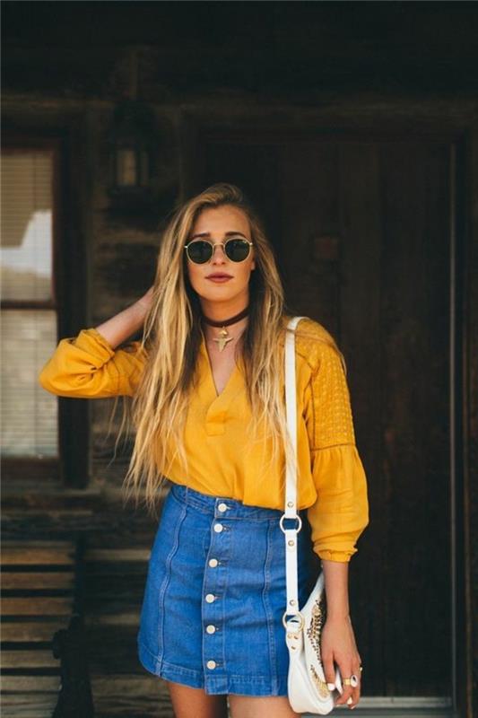 moda-trend-kadın-gömlek-midi-etek-açık mavi-kot-gömlek-sarı