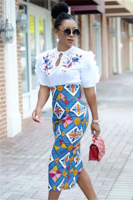 Afriška oblačila za ženske po meri oblikovana v ozko cevno krilo z modrim voščenim potiskom in belim vrhom
