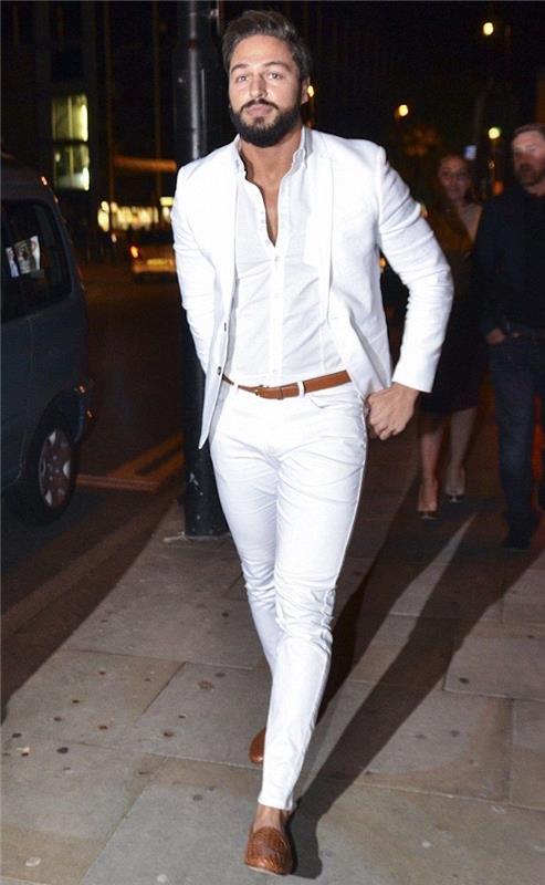 yaz akşamı için erkek beyaz kıyafeti plaj ceketi gömlek beyaz pantolon
