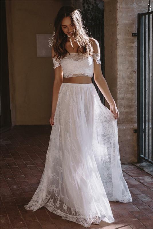dviejų dalių vestuvinė suknelė, lengva medžiaga, nuleistos rankovės, baltos suknelės raštas