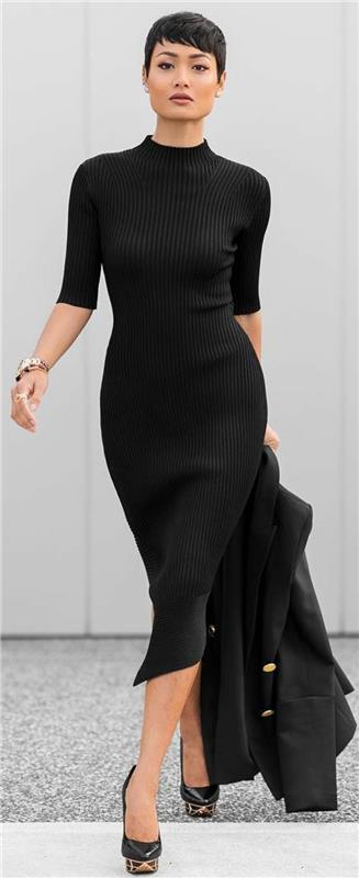 balıkçı yaka ve 3/4 kollu siyah şık kıyafet asimetrik elbise